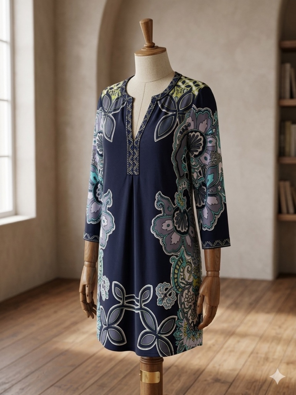 Hale Bob Black and Blue Boho Floral Dress NWT Size XL